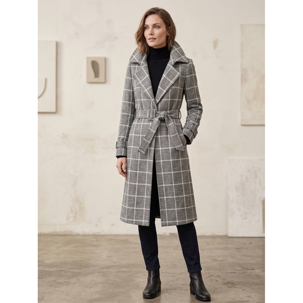 White House Black Market Gray Windowpane Plaid Belted Trench Coat Small